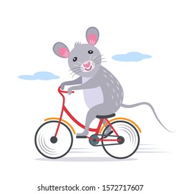 Little cute rat with a smile on his face rides a bicycle. Rat is the symbol of 2020 according to the Chinese lunar calendar. flat vector illustration isolated on white background