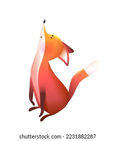 Little Cute Red Fox Looking Up Sitting. Cute artistic animal foxy cartoon for children. Vector kids illustration clipart in watercolor style.