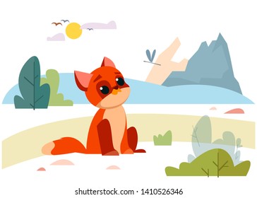 Little cute red fox in nature. Vector illustration in cartoon style.