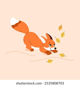 Little cute red fox playing with autumn yellow leaves. Cute vector children's illustration for printing on clothes, in book, poster, postcard, decor of children's room, birthday.