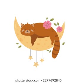 Little cute red panda sleeping on the moon. Adorable animal vector design, illustration.