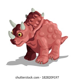 Little cute red triceratops. Cartoon dinosaur picture. Cute dinosaurs character. Flat vector illustration isolated on white background