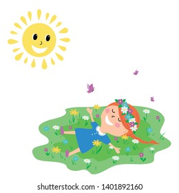 little cute red-haired girl lying on the grass vector cartoon illustration