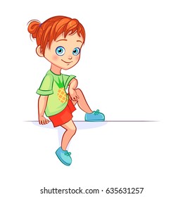 Little cute red-haired girl sitting on a big white banner. Isolated  cartoon vector child character with billboard.