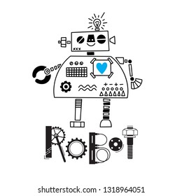 little cute robot and the inscription of the details and gears. Vector illustration.