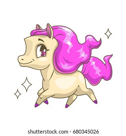 Little cute running horse with pink hair. Vector childish illustration. Pretty girlish print for t shirt design with cartoon pony.
