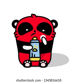 Little cute sad panda burned in the sun and smeared with sunscreen. Vector flat color illustration in linear style on white background. Kawai bear.