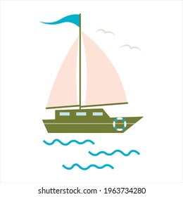 Little cute sailing ship, boat, sail boat. Boat with sails on a white isolated background. Sailboat and water waves. Vector illustration in a flat style.