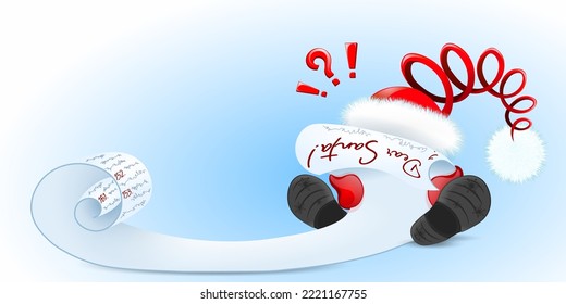 Little cute Santa Claus behind letter reading kid long wish list. Sale, Christmas and Winter concept