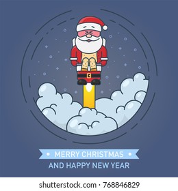 Little cute Santa Claus flying on a toilet in the space, like a rocket. Holiday line art, flat line, outline stroke design. Merry Christmas and Happy New Year concept. Vector illustration.