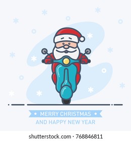 Little cute Santa Claus ride a scooter motorcycle with with bunch of Christmas gift. Holiday line art, flat line, outline stroke design. Merry Christmas and Happy New Year concept. Vector illustration