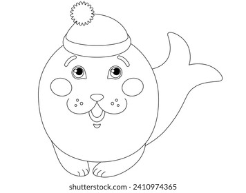 Little cute seal in a cap - vector linear picture for coloring. Outline. A simple children's drawing of a funny baby seal for a coloring book. Aquatic animal for children