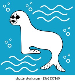 Little cute seal in the ocean in cartoon flat style for poster.