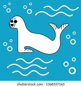 Little cute seal in the ocean in cartoon flat style for poster.