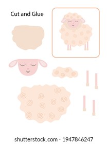 Little cute sheep cartoon style papercraft, cut and glue educational activity for children, DIY, simple hand drawn farm animal vector illustration worksheet