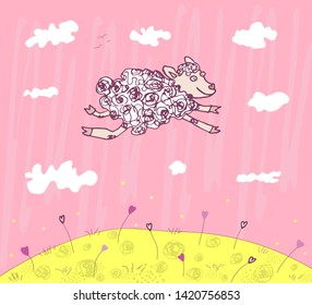 Little cute sheep flying in the clouds. 
Below is a meadow with flowers in the shape of hearts. Vector cartoon character illustration. Print design for wallpapers, cards, notebooks and sketchbooks.
