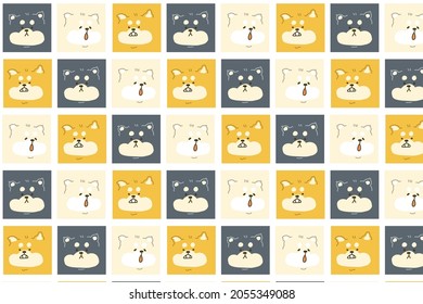 Little cute Shiba dog portrait face seamless pattern background. Pattern for print, wrapping paper, greeting card, wallpaper, textile, decoration for kids.