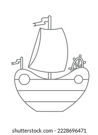 Little cute Ship Baby Toy in outline style. Vintage vector illustration of Sailboat for kid game. Laine art in black and white colors. Drawing of little sail Boat on isolated background.