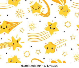 Little Cute Shooting Stars Vector Seamless Pattern. Starry Sky Background of Doodle Different Falling Star Kawaii Characters. Festive Stars Wallpaper. Holiday and Birthday Party Design