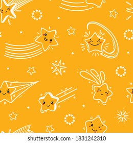 Little Cute Shooting Stars Vector Seamless Pattern. Starry Sky Yellow Background of Hand Drawn Doodle Different Falling Star Kawaii Characters. Festive Stars Wallpaper. Holiday and Birthday Party