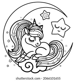 Little cute sleeping unicorn with a long mane on a crescent moon. Linear black and white drawing, doodle style. For children's design of coloring books, prints, posters, postcards, stickers, etc. Vect