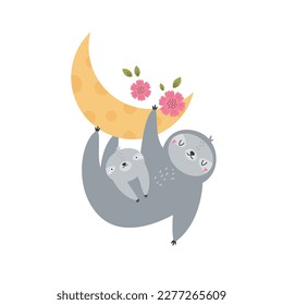 Little cute sloth with mom sleeping on the moon. Adorable animal vector design, illustration.