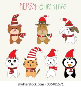 little cute small animal dog,alpaca,bear,reindeer,cat,pengiun in Christmas Costume vector illustration EPS10.