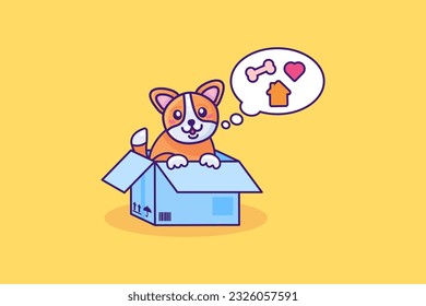 Little cute small homeless puppy sits in cardboard box and waits for kind owner. Adopt dog. Love for homeless animals Concept. Vector cartoon illustration in thick stroke isolated on blue background