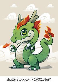 little cute and smart fire asian dragon mascot character standing pose