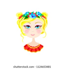 Little cute smiling blonde girl with flower wreath. Fashion baby t-shirt print, printed tee kids wear, book illustration, notebook, shop, poster, baby shower and invitation card design