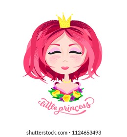 Little cute smiling princess girl with flowers. Fashion baby t-shirt print, printed tee kids wear, book illustration, notebook, shop, poster, baby shower and invitation card design 