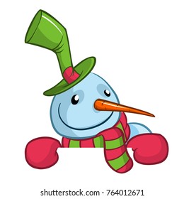 Little cute smiling snowman with scarf and woolen cap holding blank scroll for text invitation. Christmas or New year vector illustration 