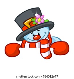 Little cute smiling snowman with scarf and woolen cap holding blank scroll for text invitation. Christmas or New year vector illustration 