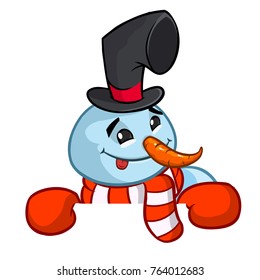 Little cute smiling snowman with scarf and woolen cap holding blank scroll for text invitation. Christmas or New year vector illustration 