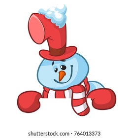 Little cute smiling snowman with scarf and woolen cap holding blank scroll for text invitation. Christmas or New year vector illustration 