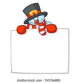 Little cute smiling snowman with scarf and woolen cap holding blank scroll for text invitation. Christmas or New year vector illustration 