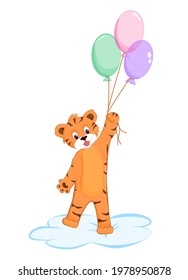 Little cute smiling tiger with colorful balloons. Stands on a soft fluffy cloud on one paw. Isolated illustration. Cartoon style. Vector illustration