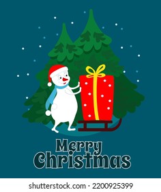 Little cute snowman is carrying a huge gift on a sleigh. Merry Christmas text. Christmas scene for postcard in cartoon flat style.