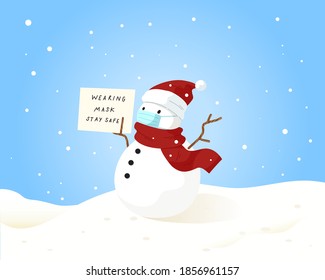 Little cute snowman wearing mask and holding COVID-19 warning sign. Concept of safe celebration, Christmas during virus epidemic, health care. Decorative illustration for banner. Flat vector cartoon.