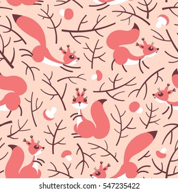 Little cute squirrels in the fall forest. Seamless autumn pattern for gift wrapping, wallpaper, children`s room or clothing. Vector illustration