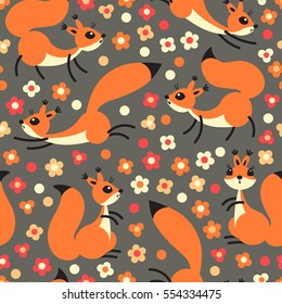 Little cute squirrels on flowers meadow. Seamless spring or summer pattern for gift wrapping, wallpaper, children`s room, clothing. Vector illustration