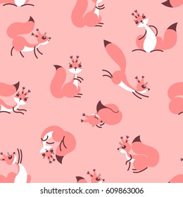 Little cute squirrels. Seamless pattern for gift wrapping, wallpaper, children`s room or clothing. Pink background. Vector illustration