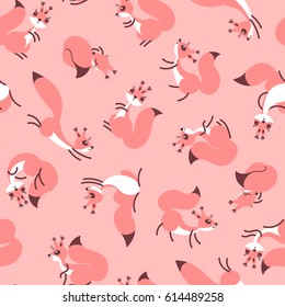 Little cute squirrels. Seamless pattern for gift wrapping, wallpaper, children`s room or clothing. Pink background. Vector illustration