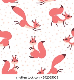 Little cute squirrels under snowfall. Seamless winter pattern for gift wrapping, wallpaper, children`s room or clothing. Vector illustration