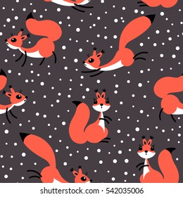 Little cute squirrels under snowfall. Seamless winter pattern for gift wrapping, wallpaper, children`s room or clothing. Vector illustration