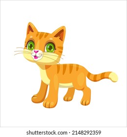 Little cute standing ginger kitten. Funny young red striped cat. Cartoon pet illustration. Vector isolated icon on white background.