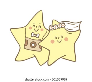 Little cute star. Bride and groom. Romantic card for wedding