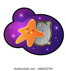 Little cute star is sleeping on the moon-shaped pillow in the space 