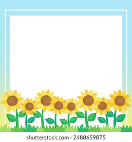 little cute sunflower field with blue sky theme frame, vector illustration
