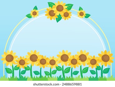 little cute sunflower field with blue sky and arch frame, vector illustration